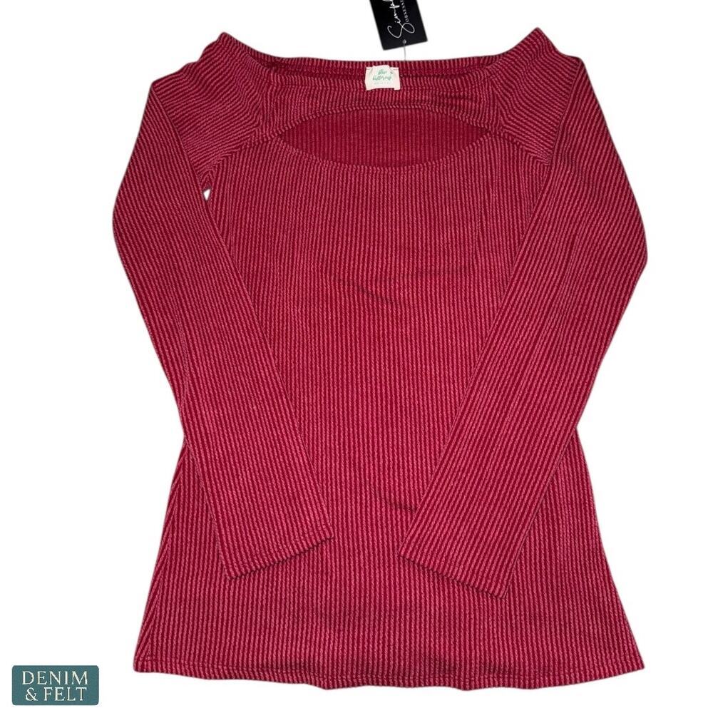 NEW Blue Buttercup Boutique Red Ribbed Cutout Long Sleeve Top Soft Stretch Chic - Picture 2 of 6